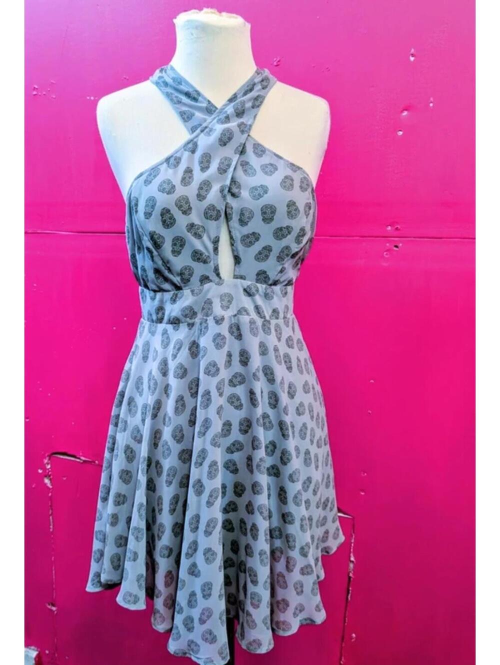 Gray Chiffon Skull Print Open Back Halter Dress S